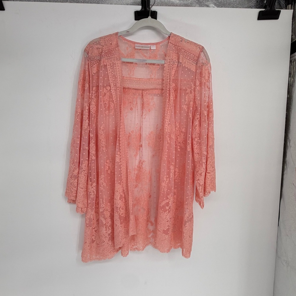 Belle Kim Gravel Coral Pink Floral Lace Sheer Kimono Cardigan QVC 
Fairy Boho